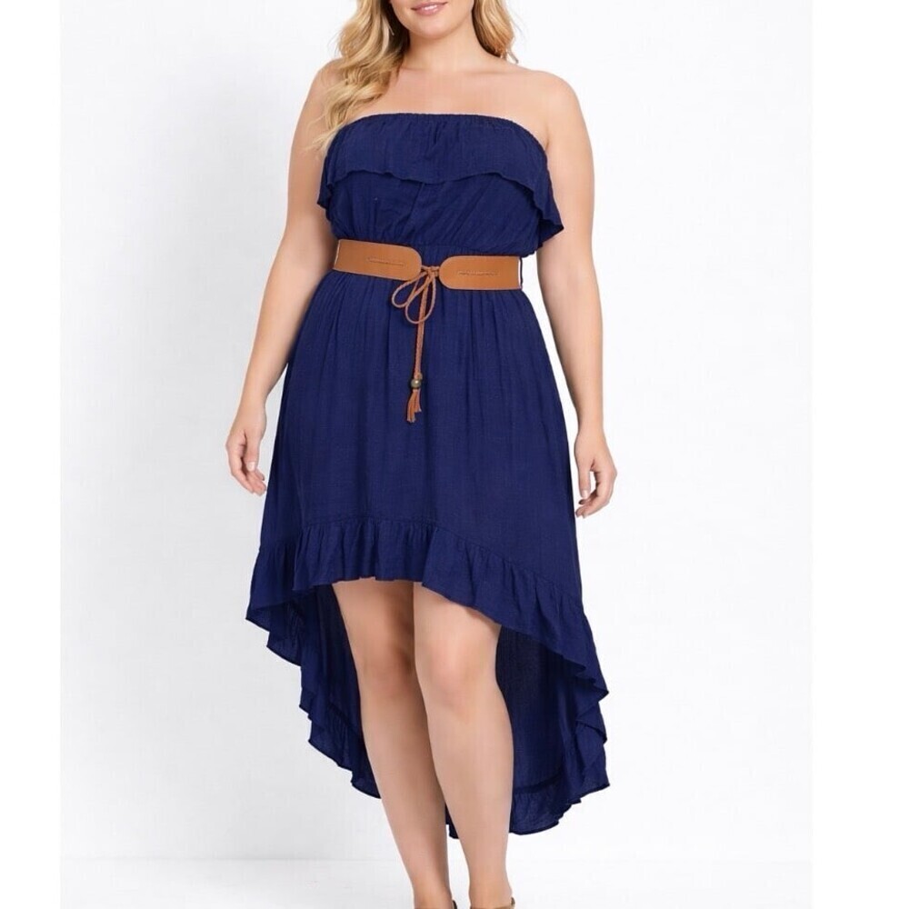 Annabelle A'GACI Sleeveless High/low Dress ruffle top Navy Blue belted SZ M